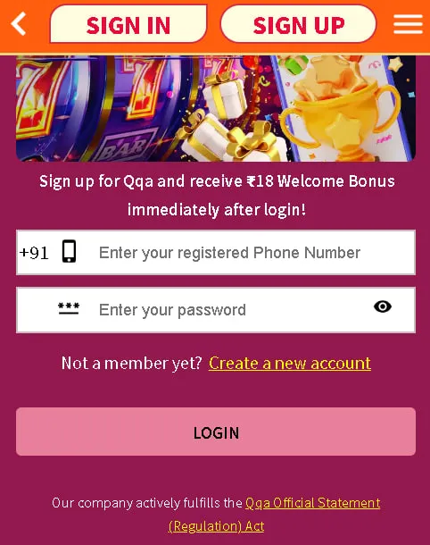 Qqa Win app login on mobile screen